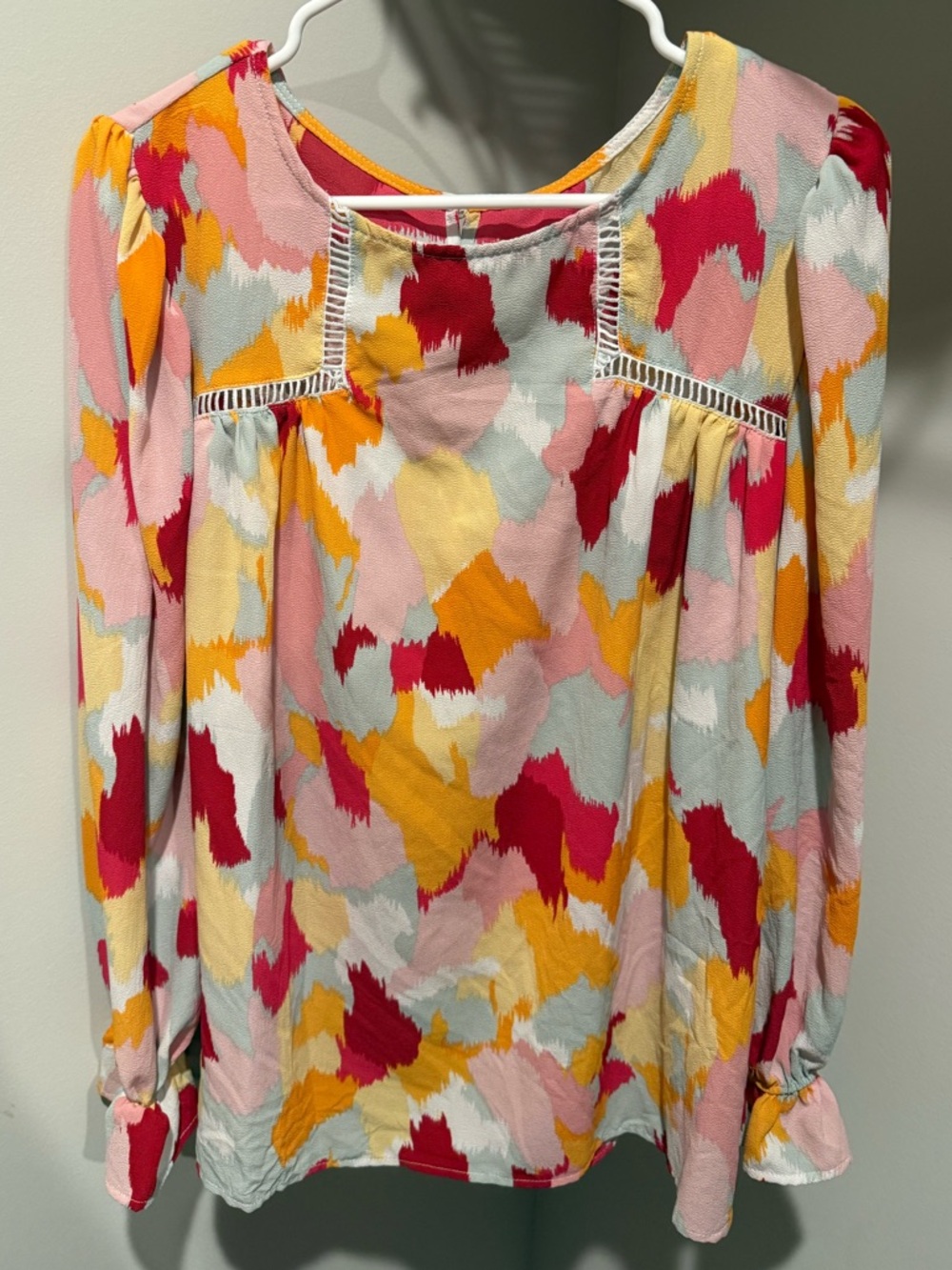 Colorful Abstract Print Long Sleeve Blouse - Pink, Yellow, Red